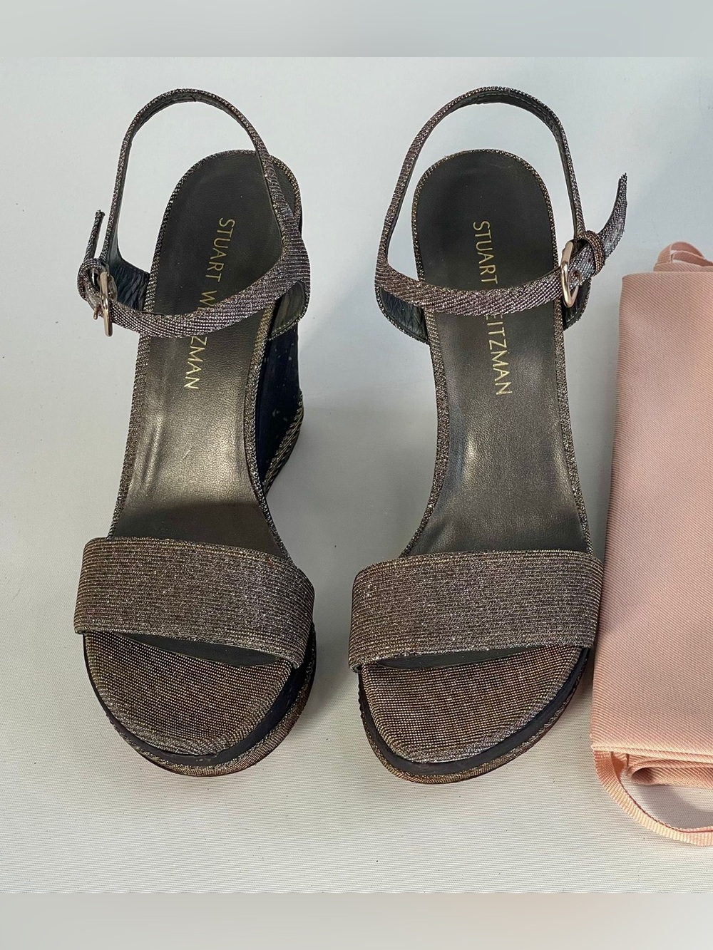 Stuart Weitzman Metallic Brown Slingback Wedge Sandals